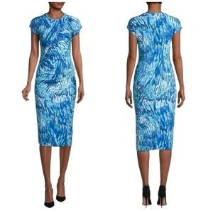 Women Dress Boss Hugo Boss Etall Ruched Blue Watercolor Print Jersey Midi Dress
